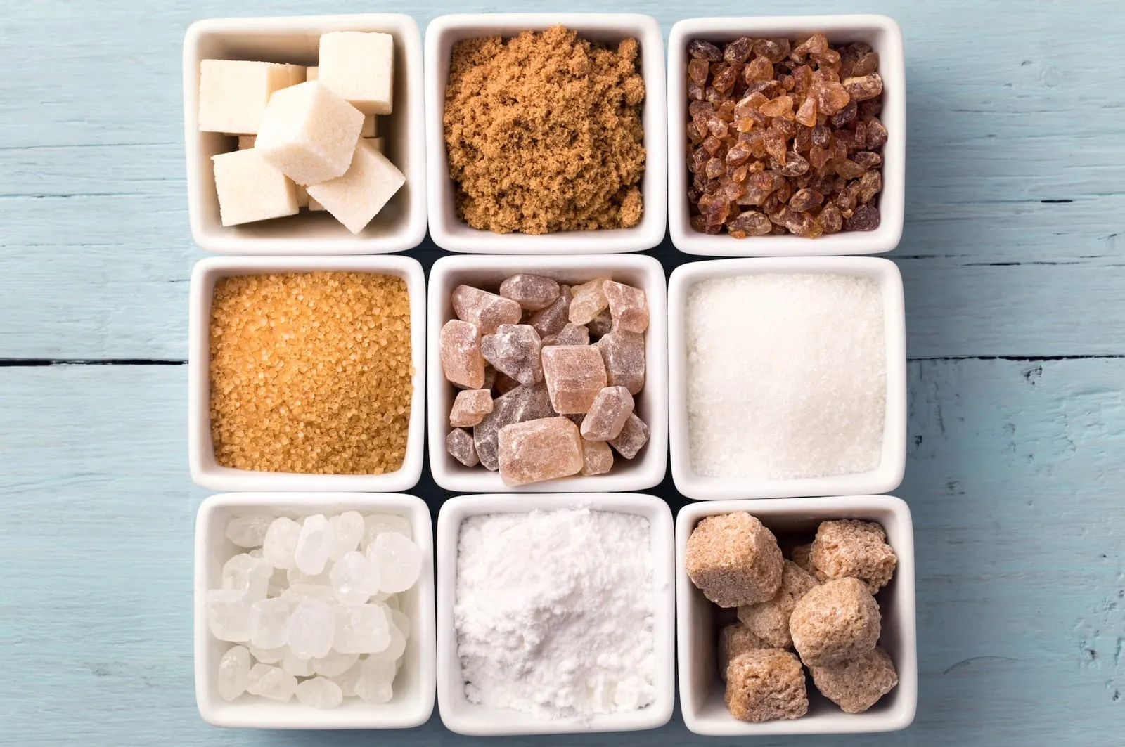 Bowls of various types of sugar